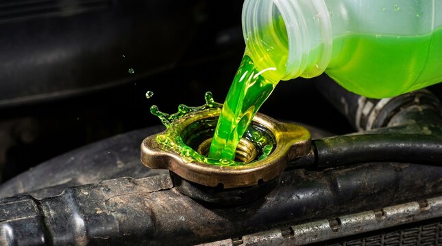 Mechanic pouring green car coolant into engine