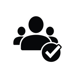 Black silhouette of three people with a checkmark on a indicating approved or confirmed team or group © Mahir