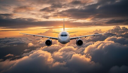 Skybound Ascent: A commercial airliner ascends gracefully, cutting through the ethereal clouds and illuminated by the warm, inviting light of the sunset.