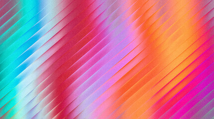 Grainy vibrant abstract background with diagonal lines and textured grain in bright colors like cyan, magenta, orange, and purple, creating a dynamic and colorful spectrum effect