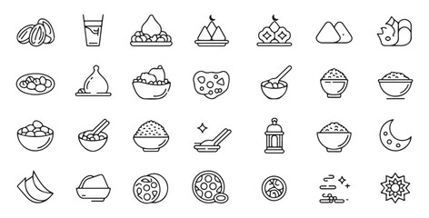 Iftar food icon set vector line illustration for ramadan kareem celebration and traditional islamic meals