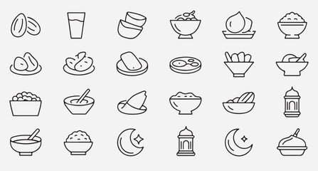 Ramadan icons set traditional food and symbols for iftar and suhoor meal celebrations