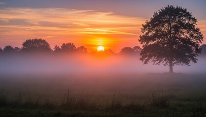 Obraz premium Sunrise Serenity: A lone tree stands silhouetted against a breathtaking sunrise, as the sky bursts with warm hues of orange and pink. A serene atmosphere enhanced by a blanket of early morning fog.