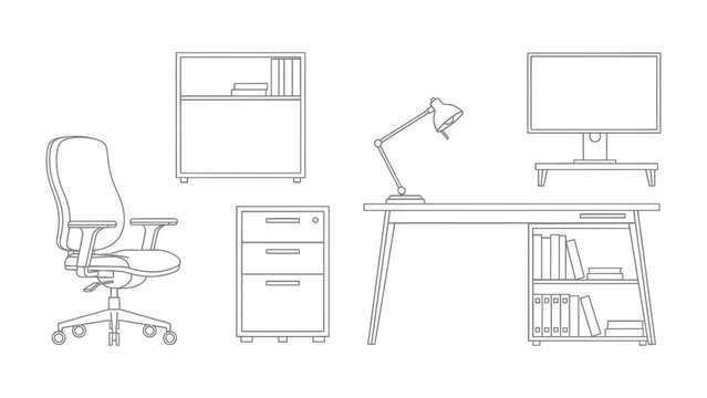 Minimalist Office Setup: An abstract, line-art rendering of an office space, presenting a desk, chair, monitor, and shelving units in a simple, elegant style.