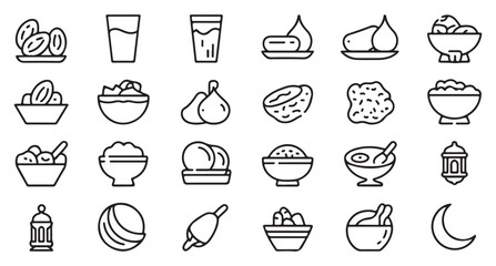 Ramadan food and drinks icons set. outline style, food and drink, muslim fasting, iftar, suhoor, traditional food