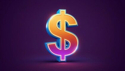Fototapeta premium Financial emblem: A striking close-up of a vibrant, dimensional dollar sign, glowing against a deep, elegant purple background, symbolizing wealth and financial prosperity.