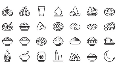 Ramadan food icons with dates grains water and traditional dishes for religious holiday meals