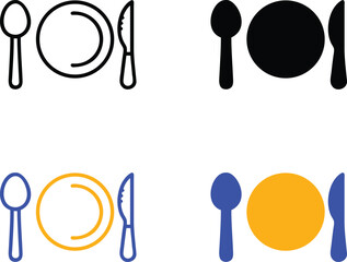 Spoon Plate and Knife Cutlery Set for Restaurant Menu and Kitchen Dining Table Vector Silhouette Pictogram and Line Icon Set.eps