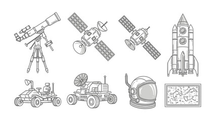 Exploring the Cosmos: An educational illustration, presenting essential tools and technologies crucial for space exploration, from powerful telescopes to interstellar rovers. © Ajhar234