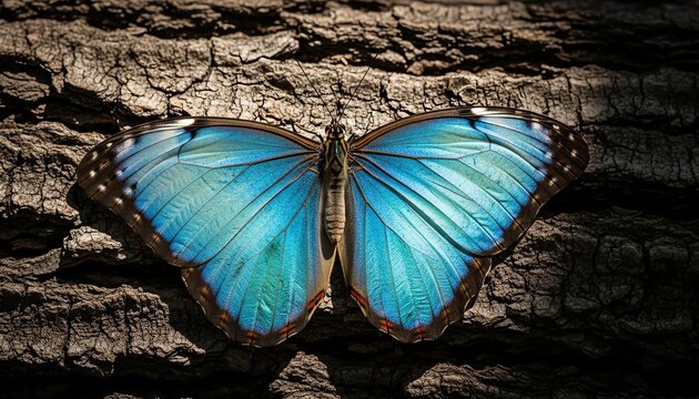 Macro Close-Up of Electric Blue Morpho Butterfly Wing on Rough Dark Oak Bark Textural Contrast
