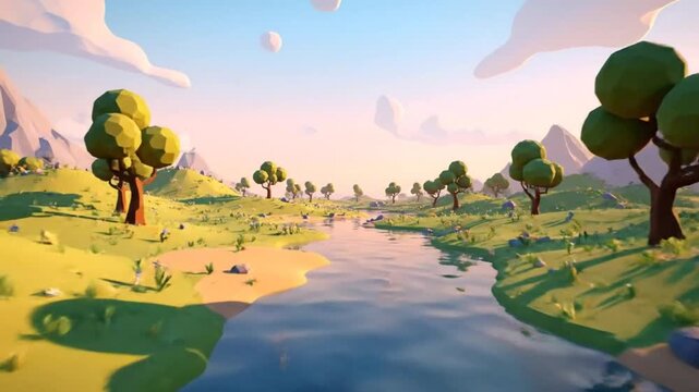 Low poly stylized animated peaceful nature scene with river flowing through green hills and trees under a light blue sky