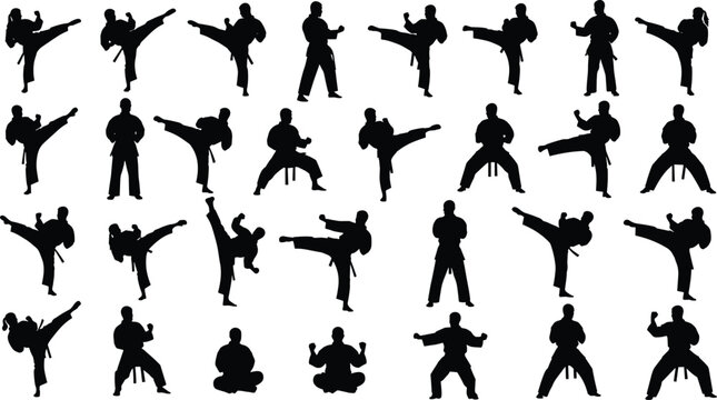 Black Martial Arts Silhouette Vector Set, Karate and Taekwondo Fighter Poses, Isolated Kickboxing Action Figures, Professional Combat Sports Training Graphics Collection,