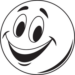 Friendly Cartoon Emoji Face with Broad Smile and Twinkling Eyes in Black and White, Symbolizing Happiness, Optimism, and Good Cheer.