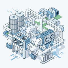 Naklejka premium Isometric illustration of a complex industrial ventilation and air conditioning system.