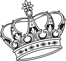 Fototapeta premium Ornate Royal Crown with Jewels and Decorative Elements, Detailed Black and White Illustration Symbolizing Power, Monarchy, and Prestige.