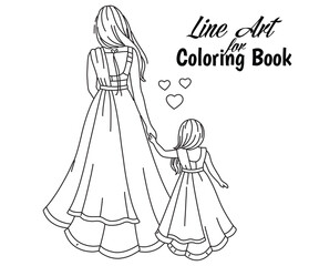 Fototapeta premium Happy Mother's Day Mother and Daughter Holding Hands – Line Art for Coloring Book