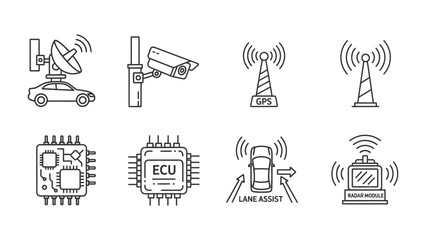 Obraz premium Connected World: Line icons of technology and automation components, including satellite dish, surveillance camera, cell tower, microchip, car and system of car.