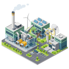 Obraz premium Isometric Industrial Complex with Renewable Energy Sources and Waste Management.