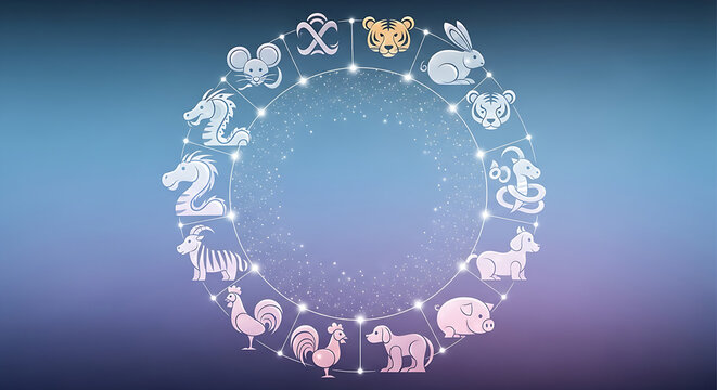 Minimalist Chinese zodiac wheel displaying twelve animal symbols in a clean circular layout. Ideal for Lunar New Year themes, astrology content, and cultural background designs.