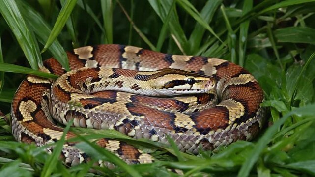 Coiled snake in natural grass habitat with vibrant brown and black scales