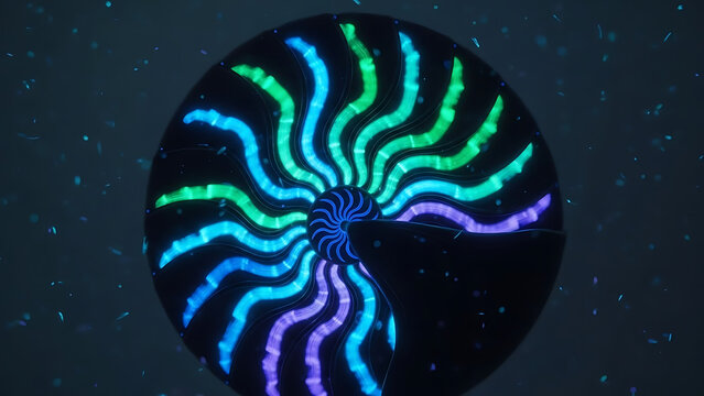 This striking image features a glowing, logarithmic spiral pattern resembling a nautilus shell cross-section. The spiral lines are illuminated by vibrant points of light, transitioning in color from b