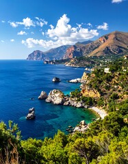 Obraz premium A vibrant coastal scene presents a turquoise cove embraced by cliffs and mountains, under a bright blue sky filled with puffy white clouds