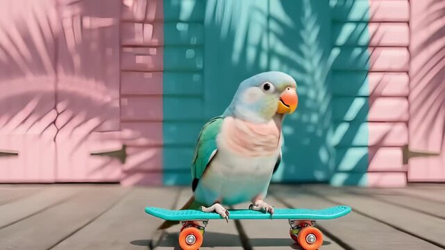 Quaker parrot riding turquoise skateboard, pink and teal wooden wall background with palm leaf shadows, summer tropical vibe