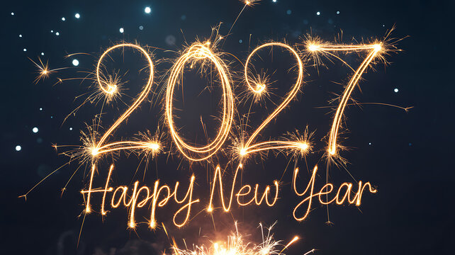 Festive '2027 Happy New Year' Message Lit by Golden Sparklers and Bokeh on a Deep Blue Night Sky Background
