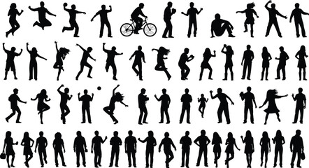Black Silhouette Vector Set Featuring People Jumping Dancing Cycling Running and Walking for Social Community Lifestyle Events and Diverse Group Design,