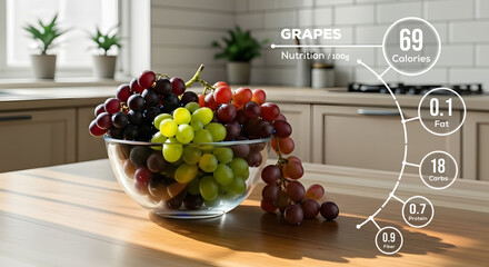 Grapes Nutrition Infographic. Fruit Nutrition facts, calories, fat, carbohydrates, protein, and fiber, per 100g with food realistic Illustration, for healthy life.