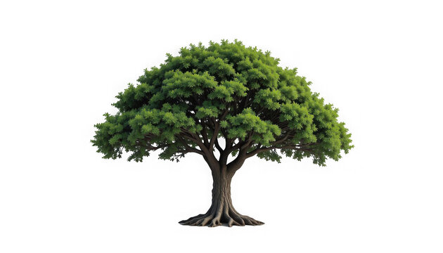 Majestic broadleaf tree with dense green foliage and strong visible roots captured perfectly on transparent background
