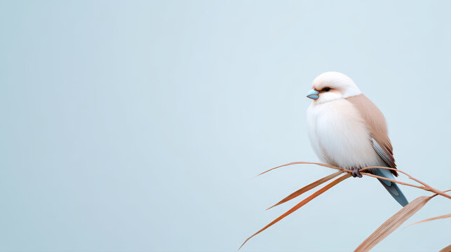 Small bird perched on dry grass with soft blue background, minimal style close up of mechanical bird perched on cbf dc bedeb, peaceful and delicate nature scene