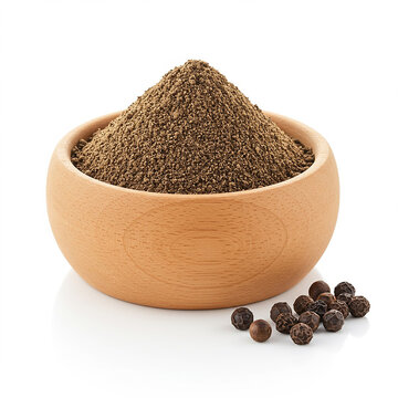 Close-up black papper powder in wooden Bowl.