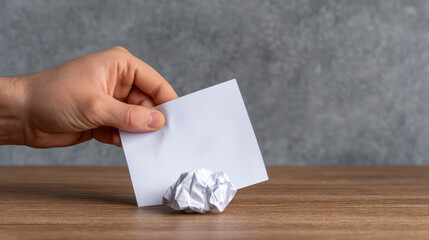 Obraz premium Hand holds blank piece of paper above crumpled paper ball on wooden surface, conveying sense of creativity and process of brainstorming