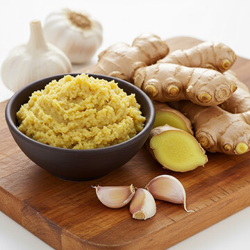 Ginger and garlic with paste in a Bowl on wood background.