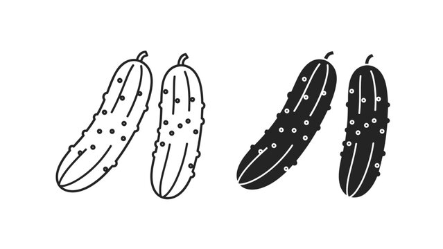 Minimalist icons of two cucumbers shown in both outline and solid silhouette styles on a plain white background for food related designs.