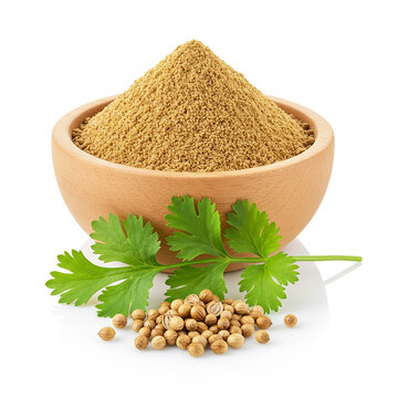 Coriander Powder in Wooden Bowl isolated on white background