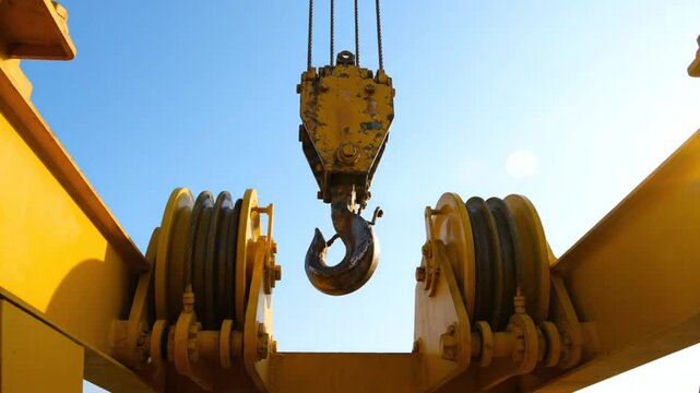 Low angle view of a yellow industrial crane hook assembly against a clear blue sky