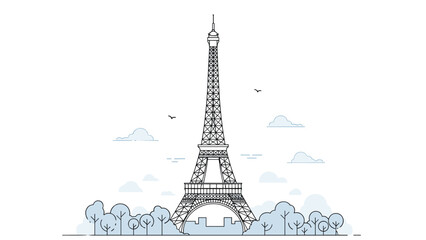 Obraz premium Artistic line drawing of the Eiffel Tower in Paris surrounded by stylized trees and clouds under a clear sky with birds flying.