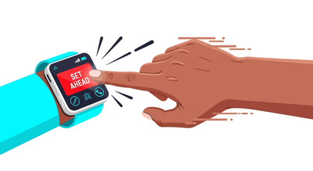 Smartwatch Goal Setting: Hand Tapping "SET AHEAD" Screen. Wearable Technology Time Management and Productivity Vector.