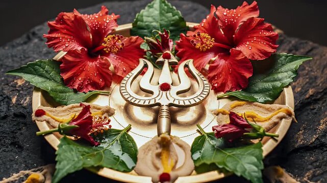 NARASIMHA DWADASHI PUJA THALI WITH SUDARSHANA CHAKRA AND SACRED TULSI LEAVES