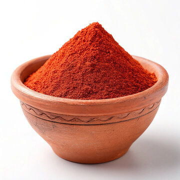 Red hot chilli powder in bowl isolated on white background.