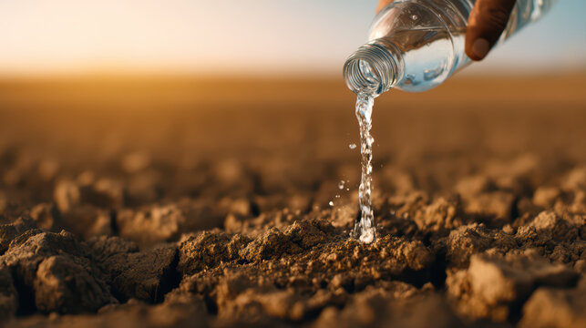 Pouring water dry soil drought relief hydration arid land environmental care water conservation nature agriculture sustainability close up hand bottle outdoor sunlight cracked earth moisture