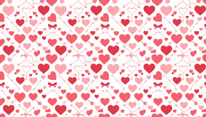 Romantic seamless pattern with red and pink hearts Cupid arrows and bows Perfect for Valentines Day background