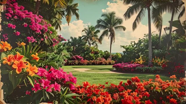 Tropical Garden with Vibrant Flowers and Palm Trees.