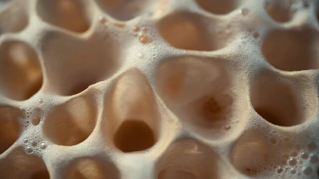 A close-up view of a frothy substance with numerous bubbles of varying sizes