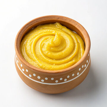 Pure cow_ buffelo ghee in soil pot isolated on white background.