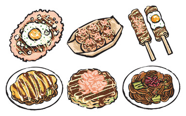 屋台・ソース料理・粉もん料理のイラストセット