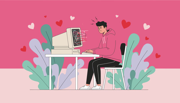 Frustrated man dealing with bad dating algorithm on old computer Love stress concept