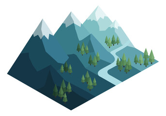 Fototapeta premium Isometric Digital Illustration of a Serene Mountainous Landscape with Pine Trees and Winding River, Evoking Tranquil Nature and Outdoor Exploration in a Flat Design Style